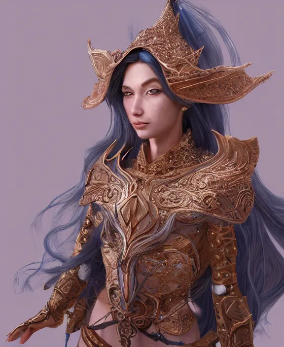 Prompt: a beautiful and highly detailed digital portrait of a regal elf with long blue windswept hair in a rose gold breastplate by artgerm, nina tryggvadottir, and lu ji, centered, artsation contest winner, cgsociety, fantasy art, cryengine, concept art, photorealism, daz 3 d, sketchfab, zbrush, vray