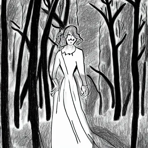 Prompt: a drawing of a woman in a white dress in a forest