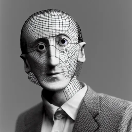 Image similar to Marcel Duchamp holding a low poly wireframe mesh model of a chess piece, blender, 35mm film