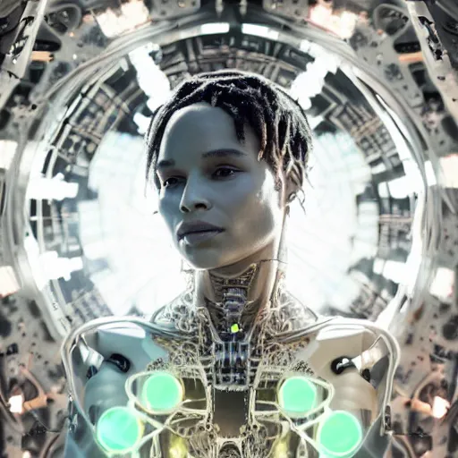Prompt: beautiful Fine art photo of Zoe Kravitz as a solarpunk robotic goddess, white mechanical parts with led lights, photorealistic, centered, highly detailed and intricate, sun lighting, 8k