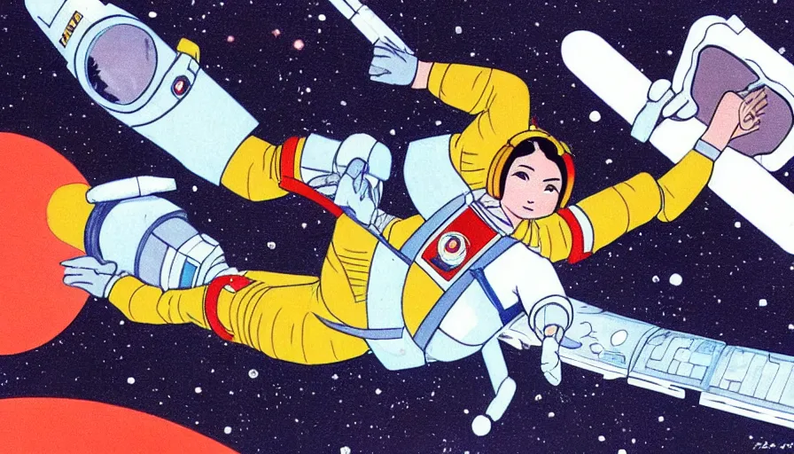 Image similar to a female astronaut floating in a scenic space environment in the style of yoko tsuno