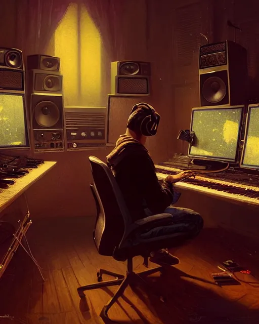 Image similar to man with headphones at his home studio producing music late at night, very detailed, 4 k, concept art like ernest khalimov, intricate details, highly detailed by greg rutkowski, ilya kuvshinov, gaston bussiere, craig mullins, simon bisley