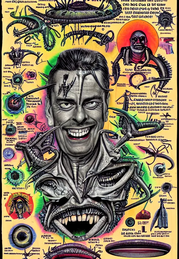 Image similar to subgenius, x - day, aliens, weird stuff, occult stuff, devil stuff, medical diagram, colorful, stained paper, hyperrealism, stage lighting