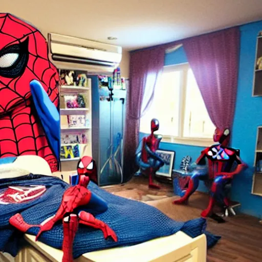 Image similar to room of spiderman fans, is mess, bedroom, chair, teenager room, wide shot