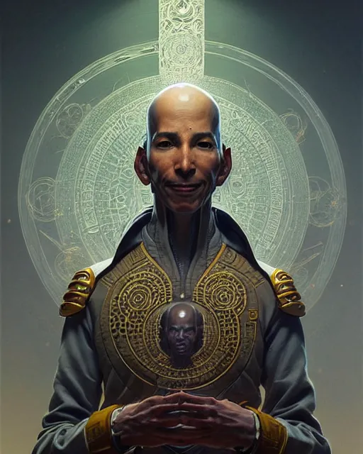 Image similar to zenyatta from overwatch, character portrait, concept art, intricate details, highly detailed by greg rutkowski, michael whelan and gustave dore