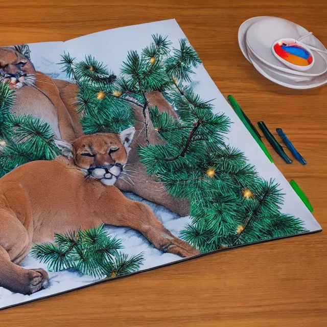 Prompt: magic marker colouring book showing 'a cougar sleeping in the middle of snowy pine tree' laying on coffee table, zoomed out shot, HD,