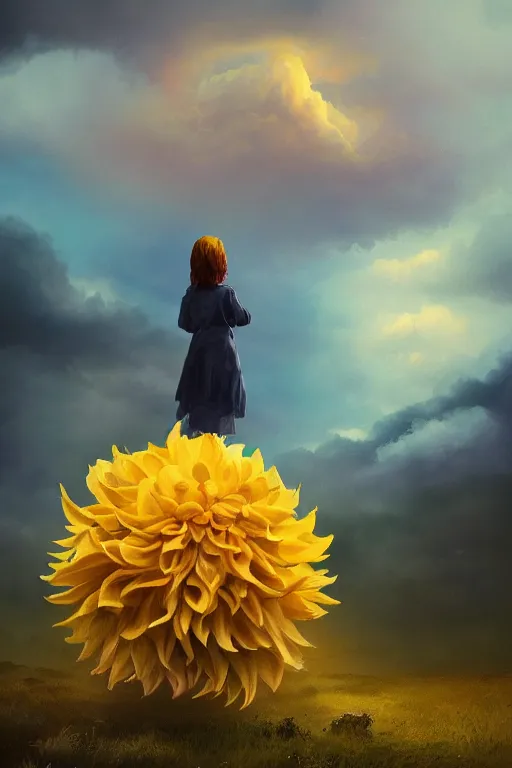 Image similar to closeup girl with giant yellow dahlia flower face, standing on mountain, surreal photography, blue storm clouds, dramatic light, impressionist painting, digital painting, artstation, simon stalenhag