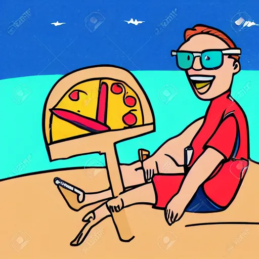 Image similar to a detailed drawing of a happy person who smoked too much weed, sunny day at the beach. pizza and pepsi at his side, joint still lit.