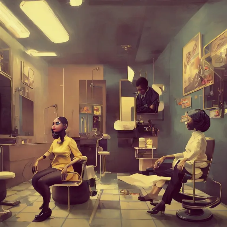 Image similar to tritone 1 9 6 0 s concept illustration portrait of nicki minaj sitting next to barack obama in a barbershop. cinematic scene. volumetric lighting. golden ratio accidental renaissance. by sachin teng and sergey kolesov and ruan jia and heng z. graffiti art, scifi, fantasy, hyper detailed. octane render. concept art. trending on artstation.