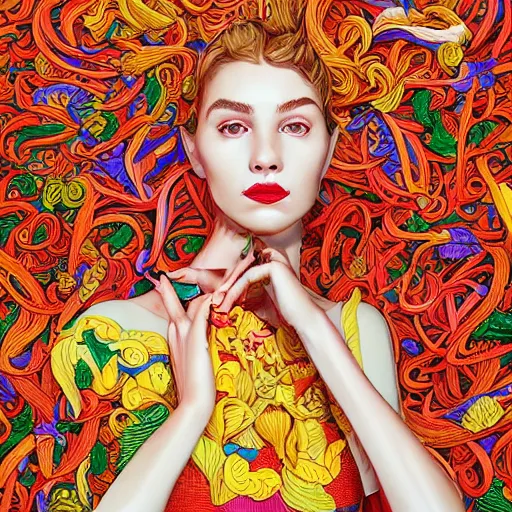 Image similar to the portrait of a beautiful, sophisticated, and elegant young woman made up of peppers, an ultrafine detailed illustration by james jean, intricate linework, bright colors, final fantasy, behance contest winner, vanitas, angular, altermodern, unreal engine 5 highly rendered, global illumination, radiant light, detailed and intricate environment