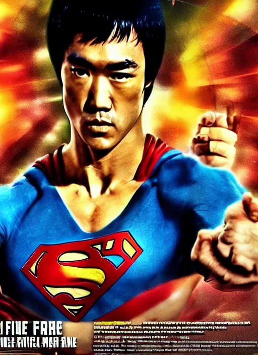 Prompt: Film poster Bruce lee fights VS superman, full body, detailed and realistic, 4k, filmic render