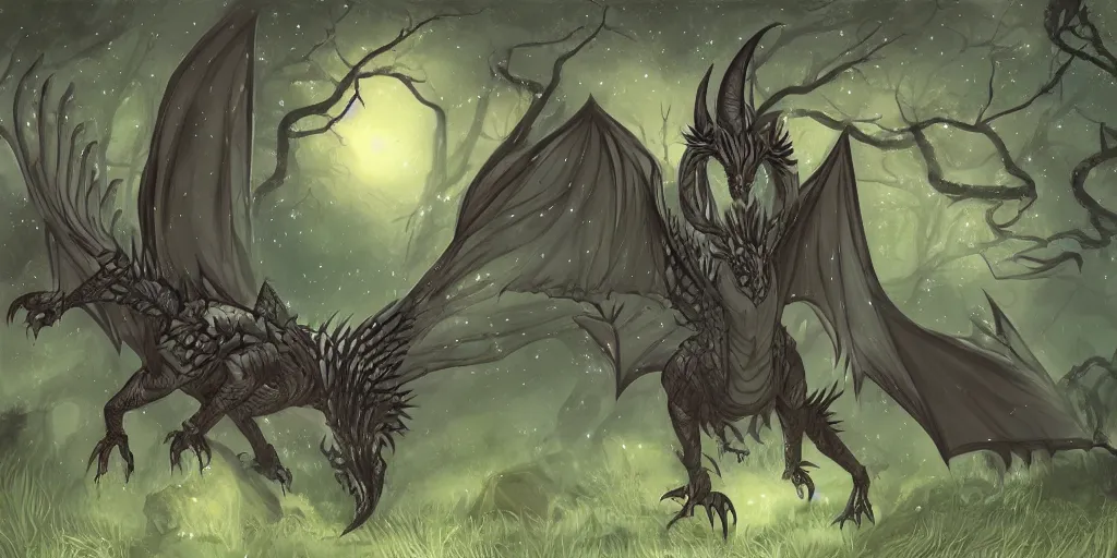 Image similar to mysterious witch dragon at night, in the forest, digital art