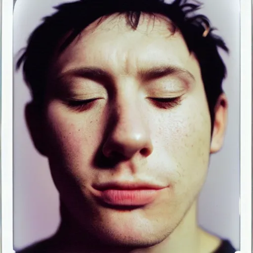 Image similar to a professional polaroid portrait fine art photo of a young adult man with an asymmetrical face with his eyes closed. the man has black hair, light freckled skin and a look of confusion on his face. extremely high fidelity. key light. in the style of gilbert & george.