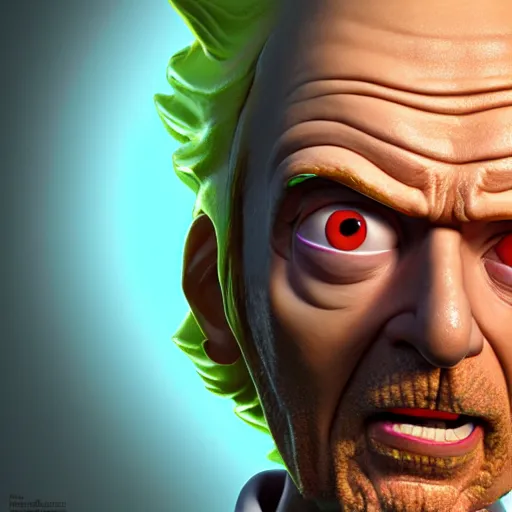 Prompt: rick from rick and morty 3 d render photorealistic unreal facial details clay soft light engine photorealistic ultra - realistic highly detailed focus photography lighting digital painting hd adultswim by kyle lambert