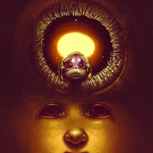 Image similar to an eye inside a mouth of a child with pointed teeth and glowing yellow eyes, nightmare, dark, h. p. lovecraft, portrait, intricate, detailed, volumetric lighting, scenery, digital painting, highly detailed, artstation, sharp focus, illustration, concept art, art by artgerm and greg rutkowski