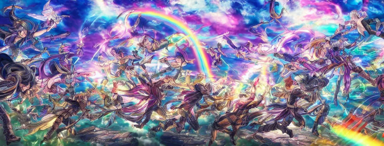 Prompt: rainbow souls fighting on a battlefield with spirit power flying around. hyperrealistic anime background illustration, colorful, extremely detailed intricate linework, smooth, super sharp focus, bright colors, high contrast, matte, octopath traveler, unreal engine 5 highly rendered, global illumination, radiant light