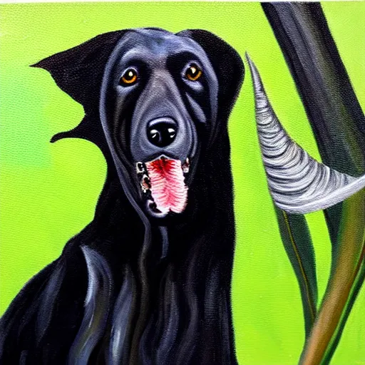 Image similar to oil painting of a black hound bearing its teeth next to brugmansia suaveolens flowers