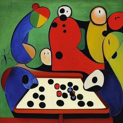 Image similar to by joan miro, by tony northrup in greece insane. a beautiful sculpture of a group of monkeys playing backgammon. the monkeys are seated around a table, with some of them appearing to be deep in concentration while others appear to be playing more casually.