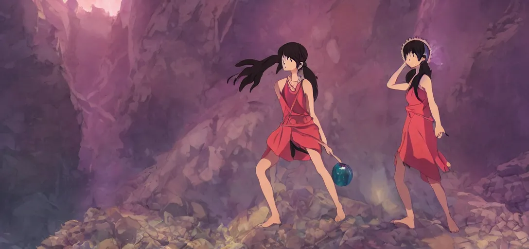 Image similar to Full body portrait of a Himalayan woman in a sleeveless dress, casting a spell on a giant crystal in a cave, detailed, artstation, by Kyoto Animation and Studio Ghibli, by Makoto Shinkai and Ilya Kuvshinov