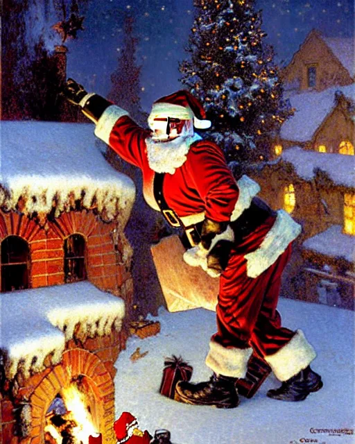 Image similar to muscular santa clause slides down a chimney on christmas eve, night, painting by gaston bussiere, craig mullins, j. c. leyendecker, norman rockwell