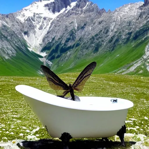 Image similar to dragonfly in a bathtub in the alps, big goat!!!!!!! goats!!!! in the background