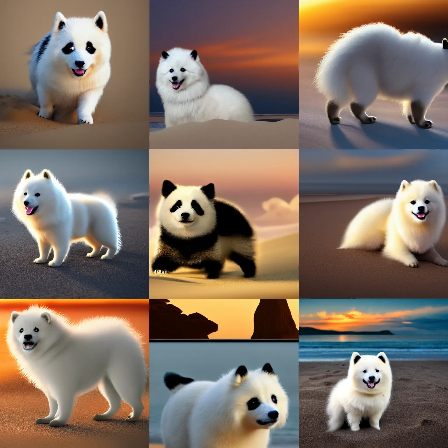 Prompt: a closeup photorealistic photograph of japanese spitz in the style of a panda on the beach at sunset. this 4 k hd image is trending on artstation, featured on behance, well - rendered, extra crisp, features intricate detail and the style of unreal engine. golden hour