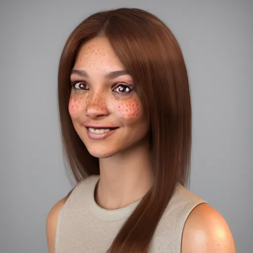 Prompt: Render of April, a cute 3D young woman, long shiny bronze brown hair, full round face, green eyes, light tan skin, a few cute freckles, light blush, smiling softly, wearing casual clothing, interior lighting, cozy living room background, medium shot, mid-shot, hyperdetailed, hyperreal, trending on Artstation, Unreal Engine 4k