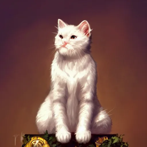 Image similar to A cute heraldic white kitty cat queen posing with one paw raised in the air, D&D, fantasy, intricate, cinematic lighting, highly detailed, digital painting, artstation, concept art, smooth, sharp focus, illustration, art by Akihiko Yoshida, Greg Rutkowski and Alphonse Mucha