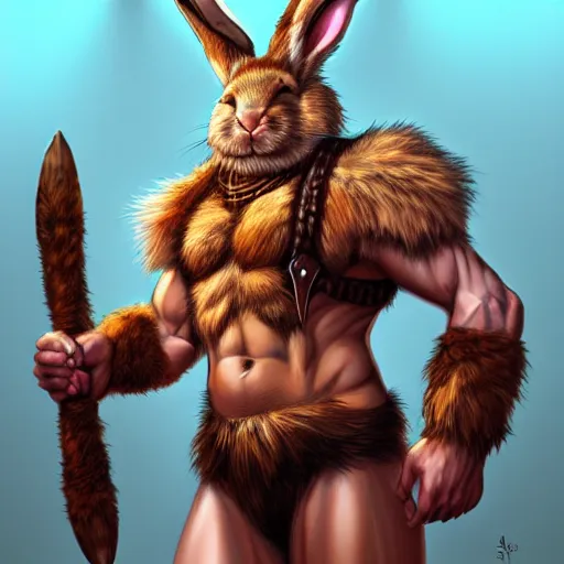 Image similar to portrait of a very cute fursona rabbit barbarian, muscular, wild, d & d, fantasy, intricate, cinematic lighting, highly detailed, digital painting, artstation, concept art, smooth, sharp focus, illustration, art by hajime sorayama