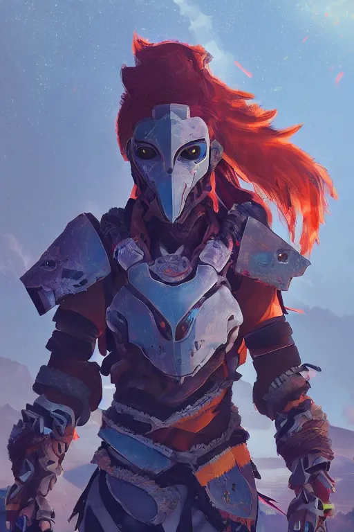 Image similar to combination suit armor aloy horizon forbidden west horizon zero dawn radiating a glowing aura global illumination ray tracing hdr fanart arstation by ian pesty and alena aenami artworks in 4 k tribal robot ninja mask helmet backpack