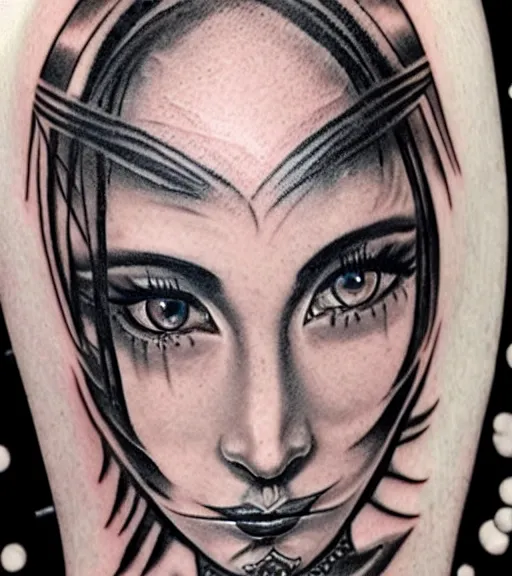 Image similar to tattoo design of a beautiful girl warrior with a tiger head above her, hyper realistic, realism tattoo, by eliot kohek, beautiful eyes, realistic face, black and white, white background