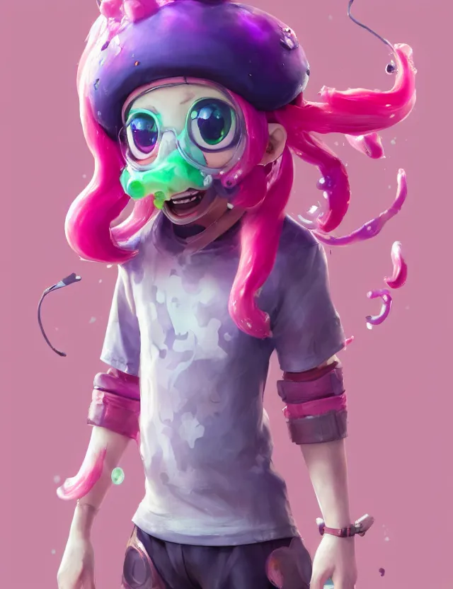 Prompt: a beautiful portrait of a cute splatoon anime male with pink hair wearing tshirt and leggings. no - glasses. character design by cory loftis, fenghua zhong, ryohei hase, ismail inceoglu and ruan jia. artstation, volumetric light, detailed, photorealistic, fantasy, rendered in octane