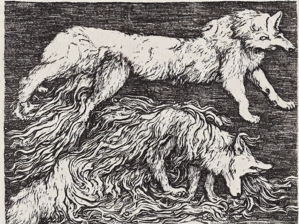 Image similar to wolf in heavy rainstorm. woodcut by albrecht durer, salvador dali