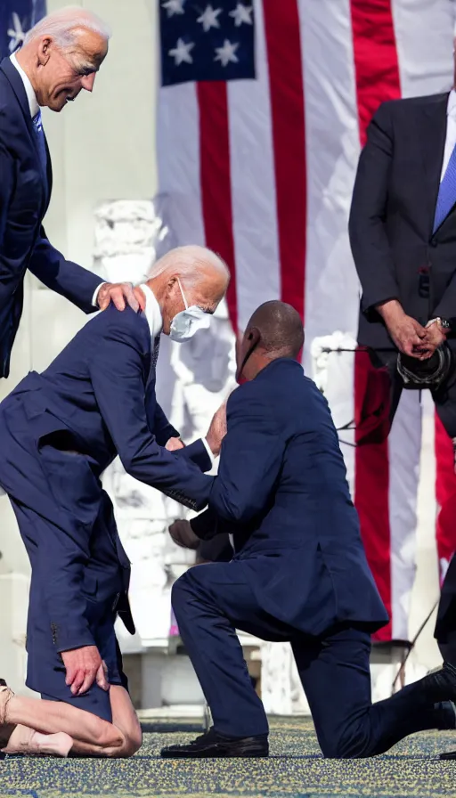 Prompt: photo biden on his knees asks for forgiveness