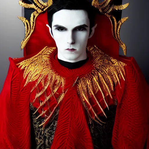 Image similar to portrait of a red king, sharp focus, black hair, full body, highly detailed, intricate, masked, white, regal clothing, gold ethereal light, high fantasy, pop art style