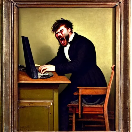 Image similar to an angry man yells at his computer monitor, oil on canvas, 1 8 8 3, highly detailed