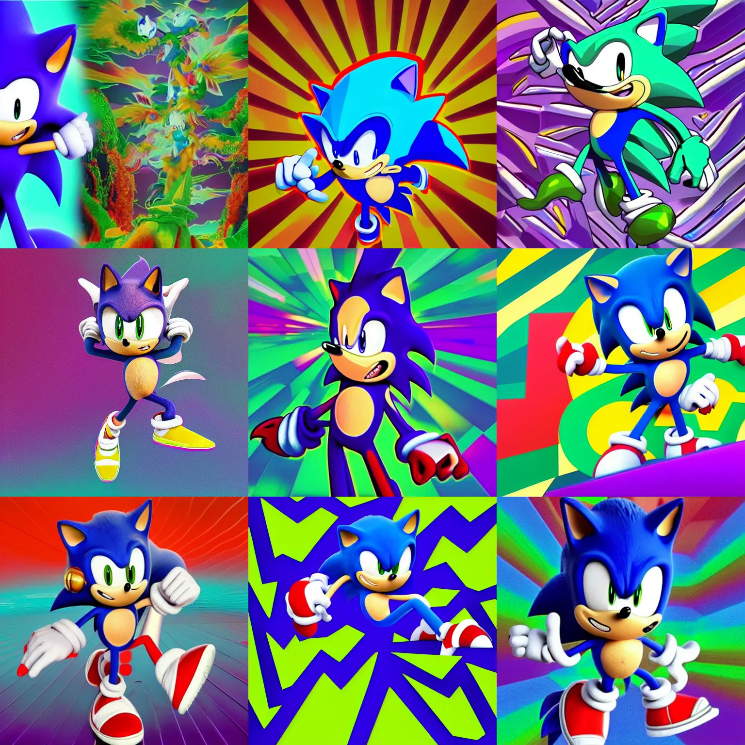 Prompt: sonic mascot made of surreal, sharp, detailed professional, high quality low poly render of MGMT album cover of a liquid dissolving LSD DMT sonic the hedgehog on a flat purple checkerboard plane, 1990s 1992 prerendered graphics phong shaded album cover