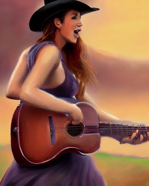 Prompt: a painting of a cowgirl playing a guitar and singing outdoors with texas hill - country in background, in the style of casey baugh, digital art