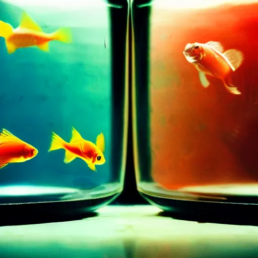 Image similar to two goldfishes swimming in the same fishbowl in a wong kar wai movie, photorealistic, 3 5 mm