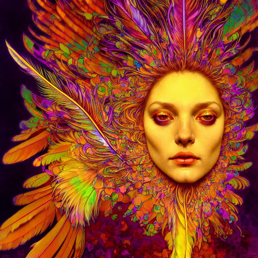 Image similar to face of innocent psychedelic transcendent feather mind bending psychedelic wings of glossy liquid honey flowing like kaleidoscopic translucent holograph, lsd feathers, feathery fluff, enlightenment, high contrast dappled lighting, refracted sunset, highly detailed, concept art, art by collier, albert aublet, krenz cushart, artem demura, alphonse mucha