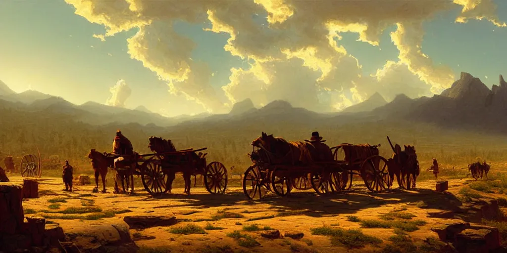 Image similar to a pack of settlers with covered wagons are crossing american plains with a small riverbed, mountaineous background, cloudy day, highly detailed, digital art, by greg rutkowski, by albert bierstadt