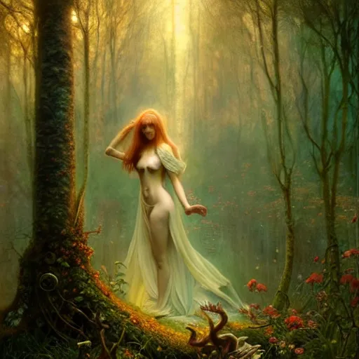 Image similar to dreamy enchanted forest, surreal, fantasy, intricate, elegant, dramatic lighting, emotionally evoking symbolic metaphor, highly detailed, lifelike, photorealistic, digital painting, artstation, concept art, smooth, sharp focus, illustration, art by John Collier and Krenz Cushart and Artem Demura and Alphonse Mucha and Albert Aublet
