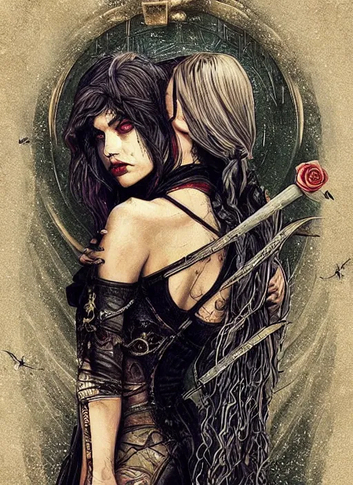 Image similar to tarot card :: horror :: vampires and draculas :: long hair :: hearts and roses :: gold and silver :: guns and swords :: side profile :: highly details :: intricate details :: Sandra Chevrier and bastien lecouffe deharme