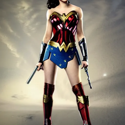 Image similar to scarlett johansson as wonder woman, full body shot, high detail