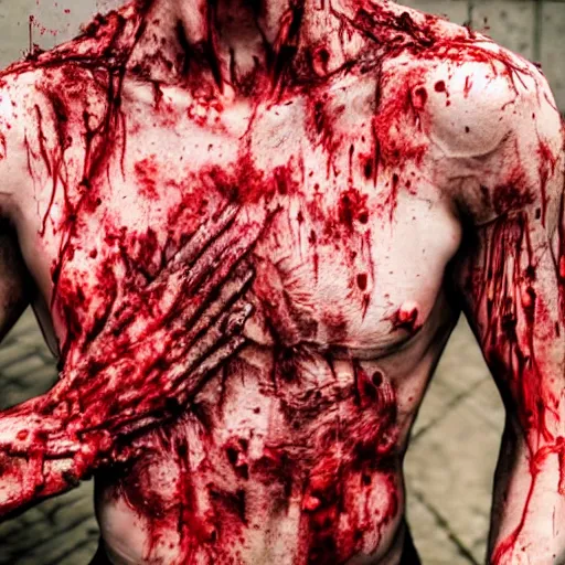 Image similar to ultra detailed photo of a man with many bloody arms covering his entire body