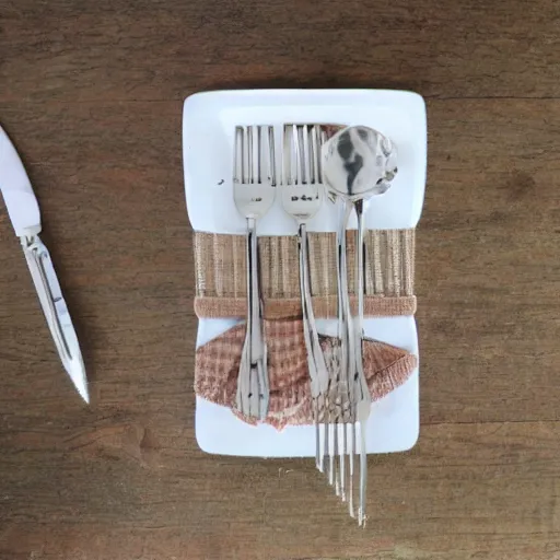 Image similar to a fork, a plate and a knife on a wooden table