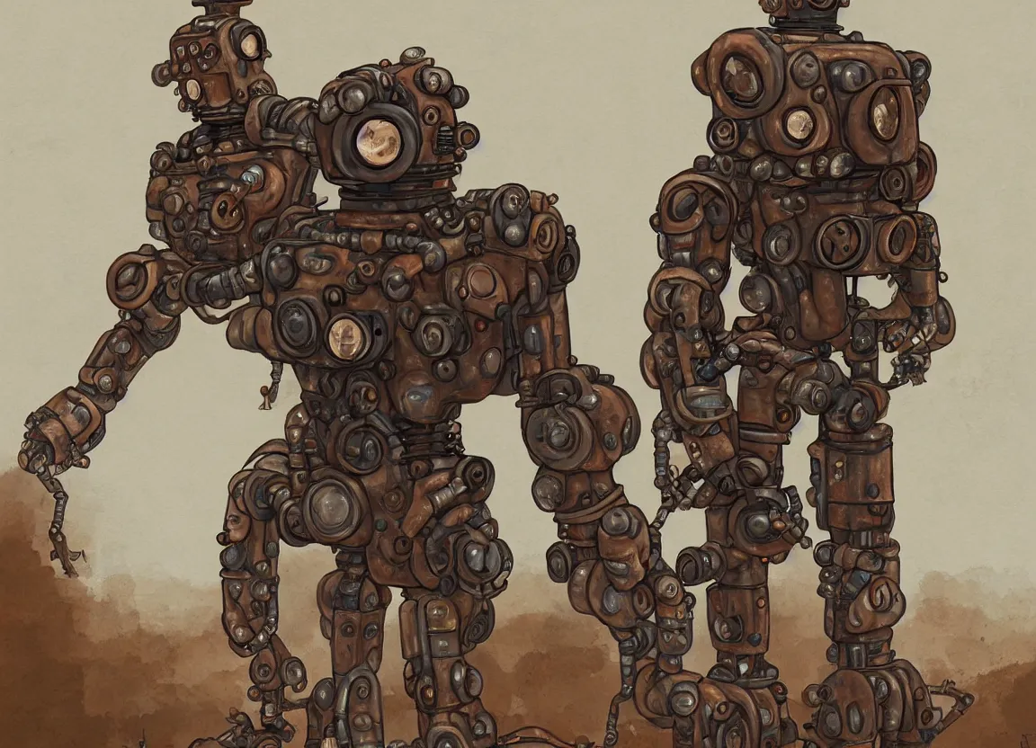 Image similar to ( ( rock golem with ( copper pipes ) ) in steampunk style ) as a robot like in ( iron harvest ), digital painting )