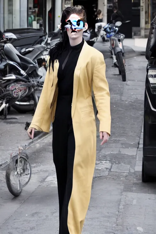 Image similar to kristen stewart wearing the irma vep catsuit, photographed on the street in paris, portrait