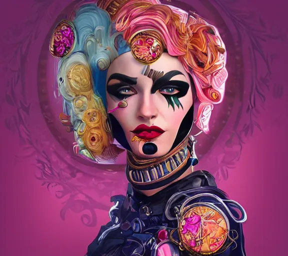 Image similar to beautiful female character inspired by venice carnival and pop art bounty hunter | | digital artwork made by greg rutswork, anna dittmann and lois van barlee, symmetrical rim light, anatomically correct