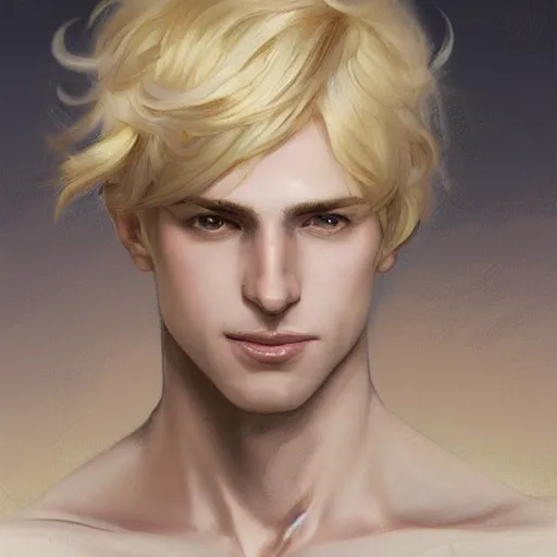 Image similar to A pregnant blond androgynous prince with closed eyes smiling, very detailed sharp angular masculine face, hooked nose and square jaw long fluffy curly blond hair, light blond hair, gorgeous, beautiful, intricate, highly detailed, digital painting, artstation, concept art, sharp focus, illustration, art by greg rutkowski and alphonse mucha